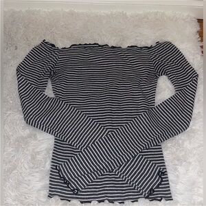 Hollister Small Gray and White Striped Off the Shoulder Ruched Long Sleeve Top